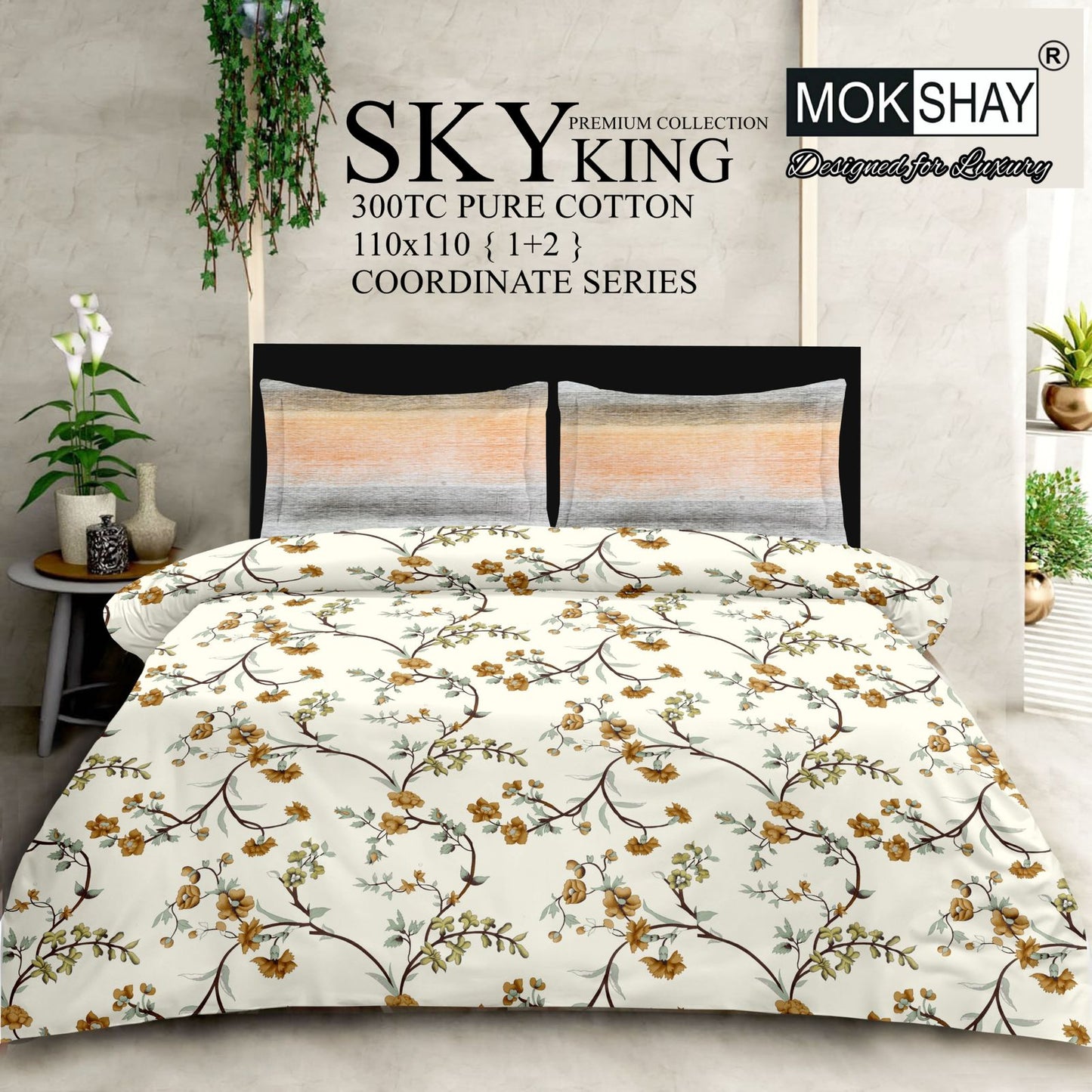 SKY KING – King Size 300TC Pure Cotton Bedspread Set (1 Bedsheet + 2 Pillow Covers)