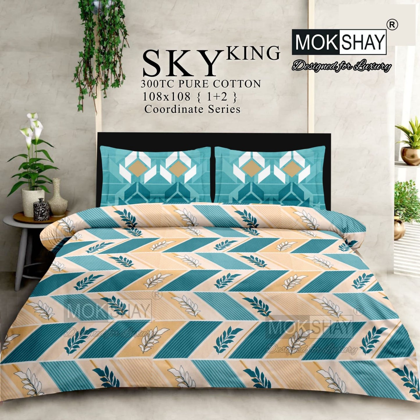 SKY KING – King Size 300TC Pure Cotton Bedspread Set (1 Bedsheet + 2 Pillow Covers)