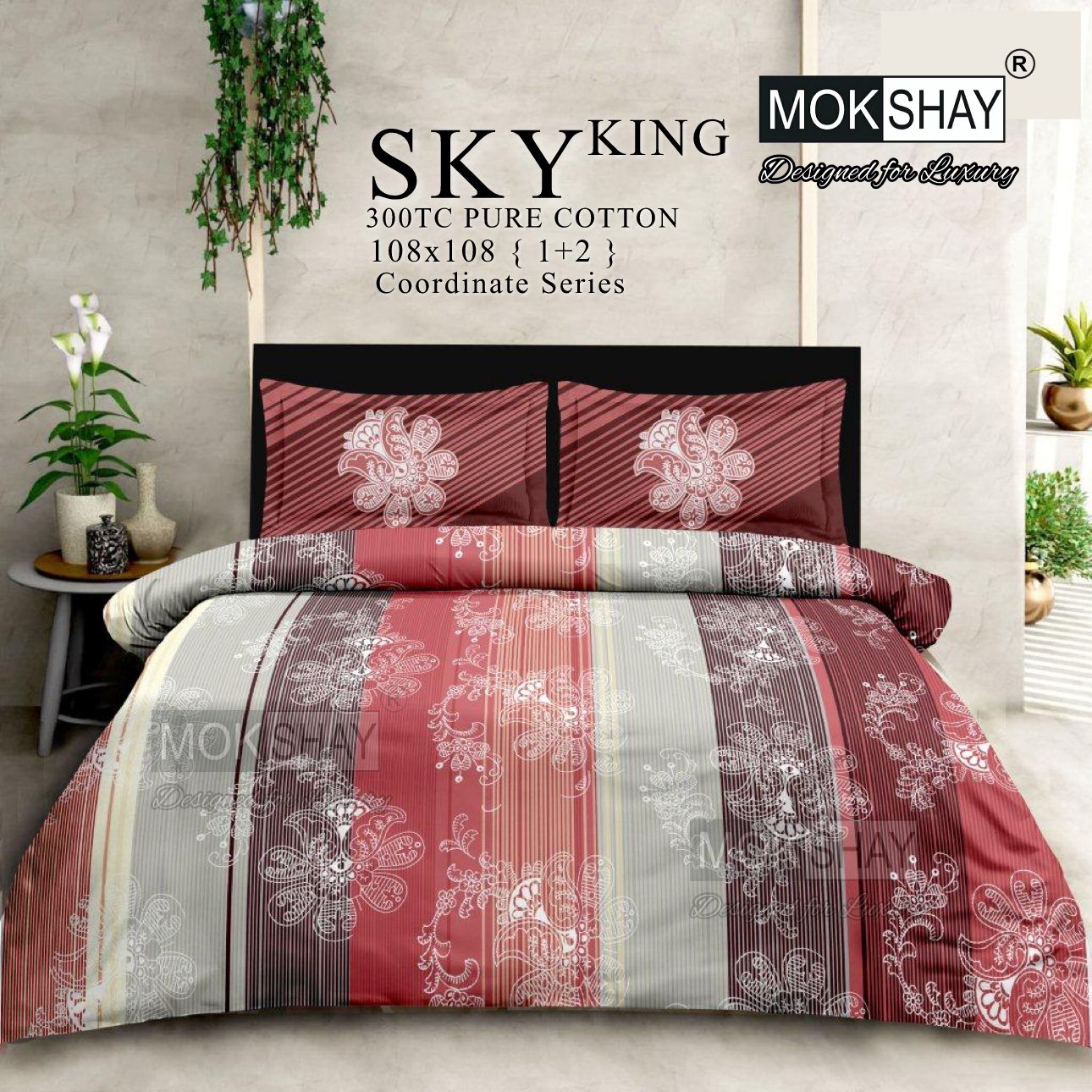 SKY KING – King Size 300TC Pure Cotton Bedspread Set (1 Bedsheet + 2 Pillow Covers)