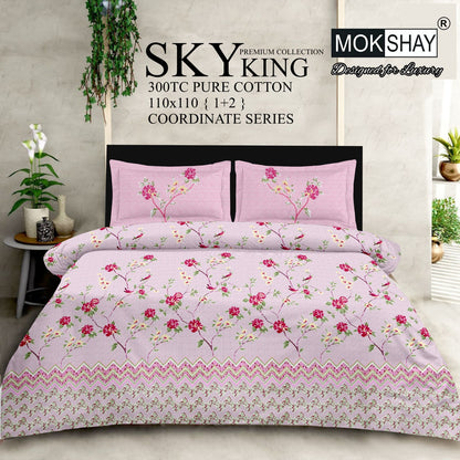 SKY KING – King Size 300TC Pure Cotton Bedspread Set (1 Bedsheet + 2 Pillow Covers)