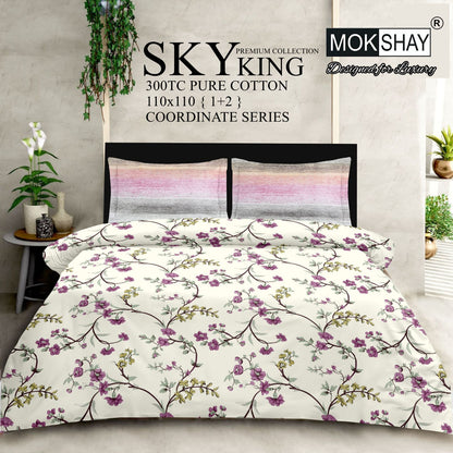 SKY KING – King Size 300TC Pure Cotton Bedspread Set (1 Bedsheet + 2 Pillow Covers)