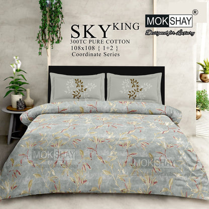 SKY KING – King Size 300TC Pure Cotton Bedspread Set (1 Bedsheet + 2 Pillow Covers)